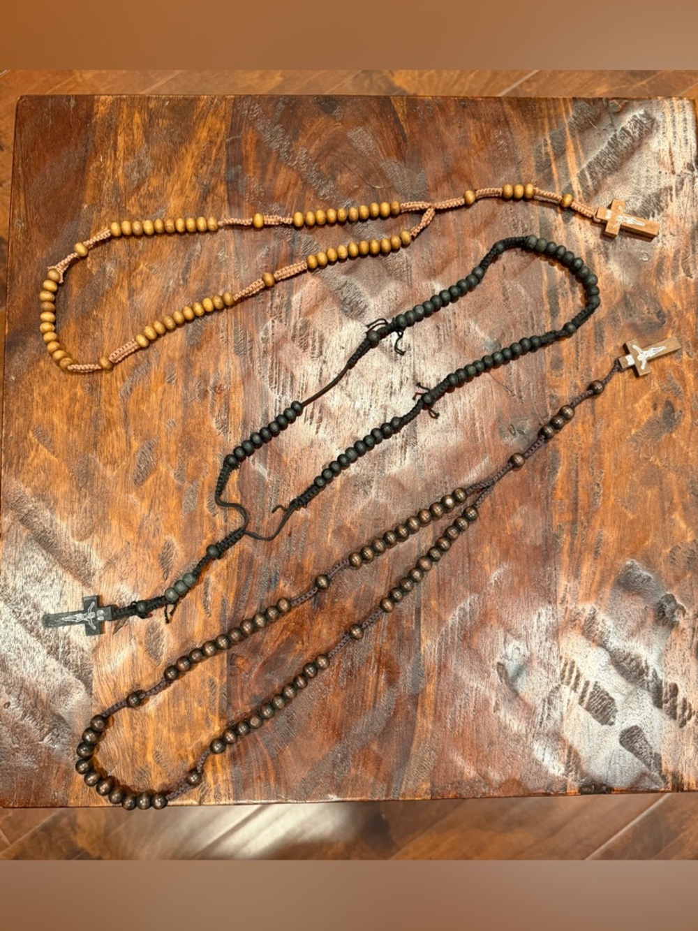 Set of 3 Beaded Rosary Necklaces with Crucifix Cross, Wood Beads, Braided Nylon